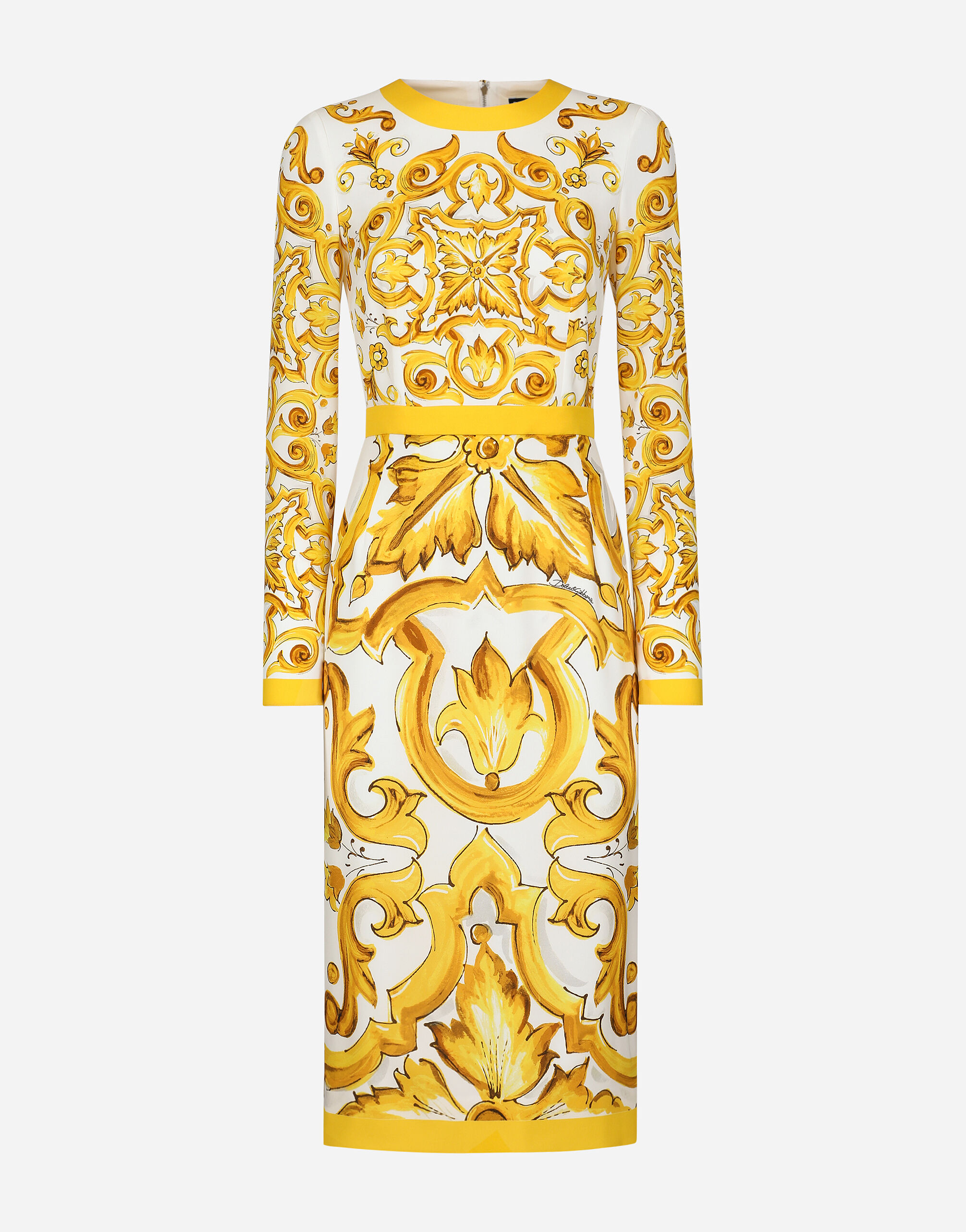 Dolce & Gabbana Charmeuse calf-length sheath dress with majolica print Yellow F6AMRTHJMOK