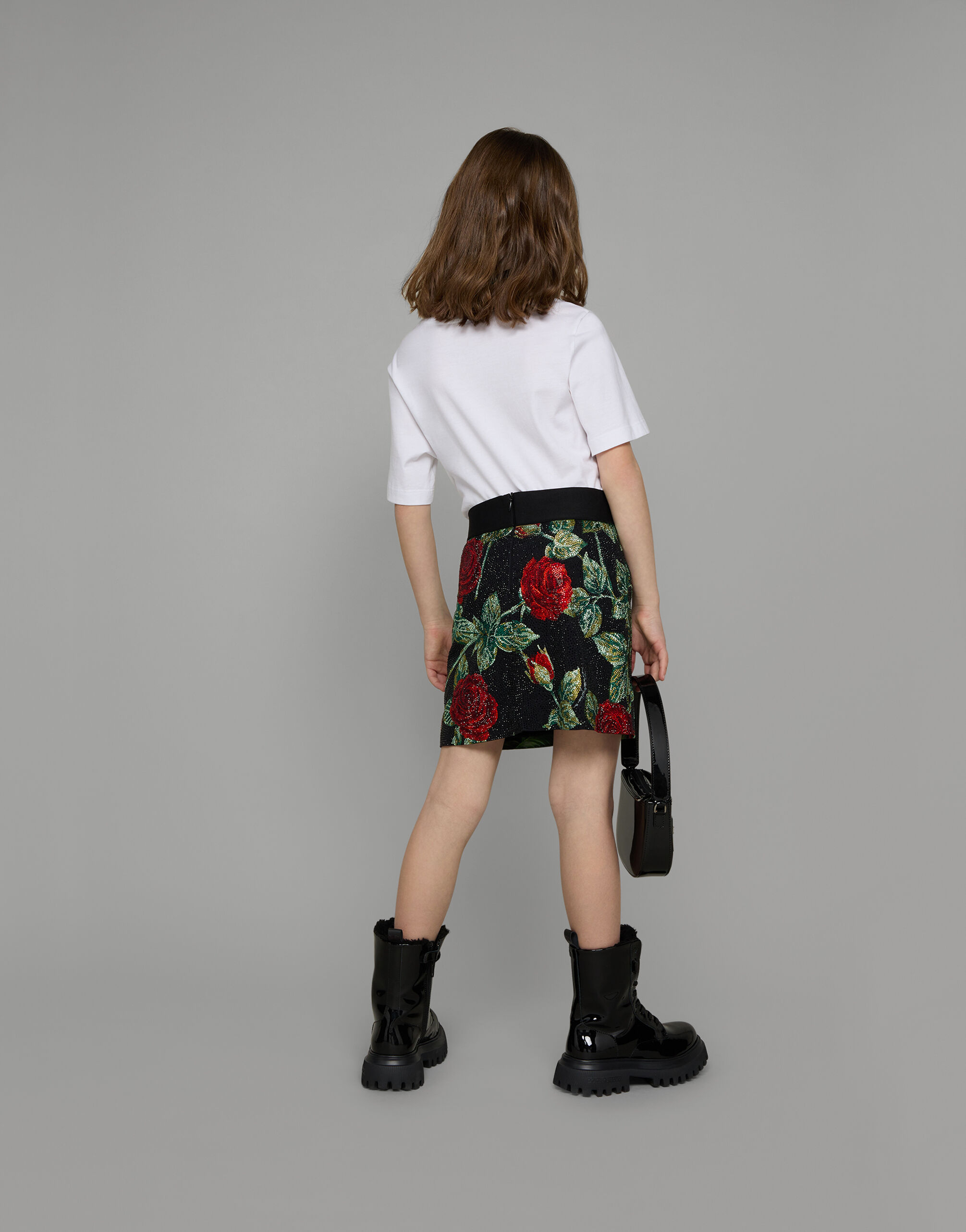 Charmeuse miniskirt with branded elastic and rose print