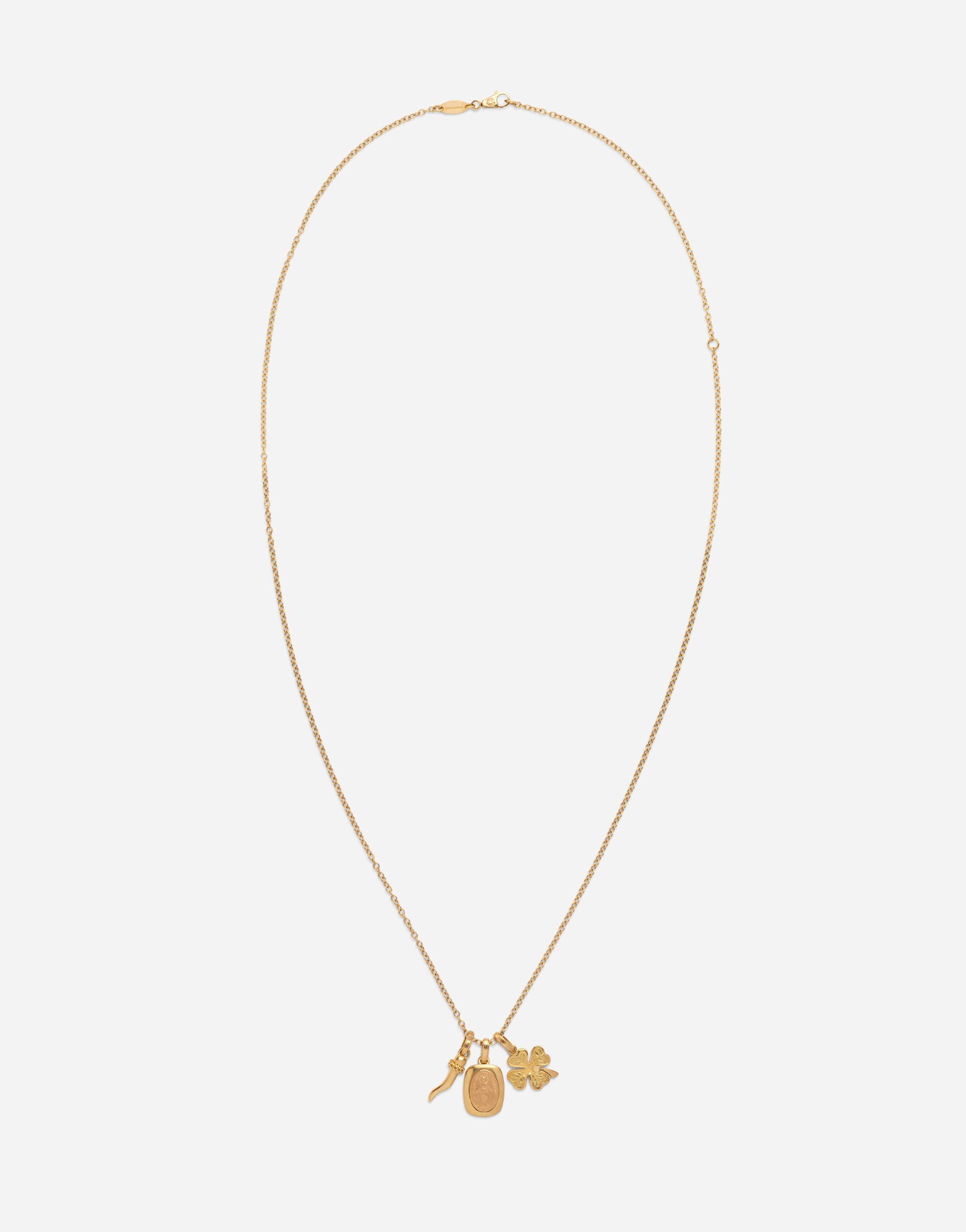 ${brand} Devotion yellow and red gold rounded rectangular pendant with a red gold Virgin Mary medallion, horn and four-leaf clover pendants on yellow gold chain ${colorDescription} ${masterID}