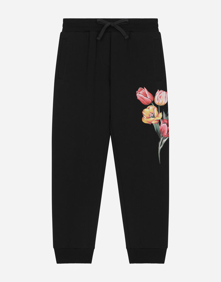 Dolce & Gabbana Jersey jogging pants with branded tag and floral detailing Blue L5JPE4G7NNZ