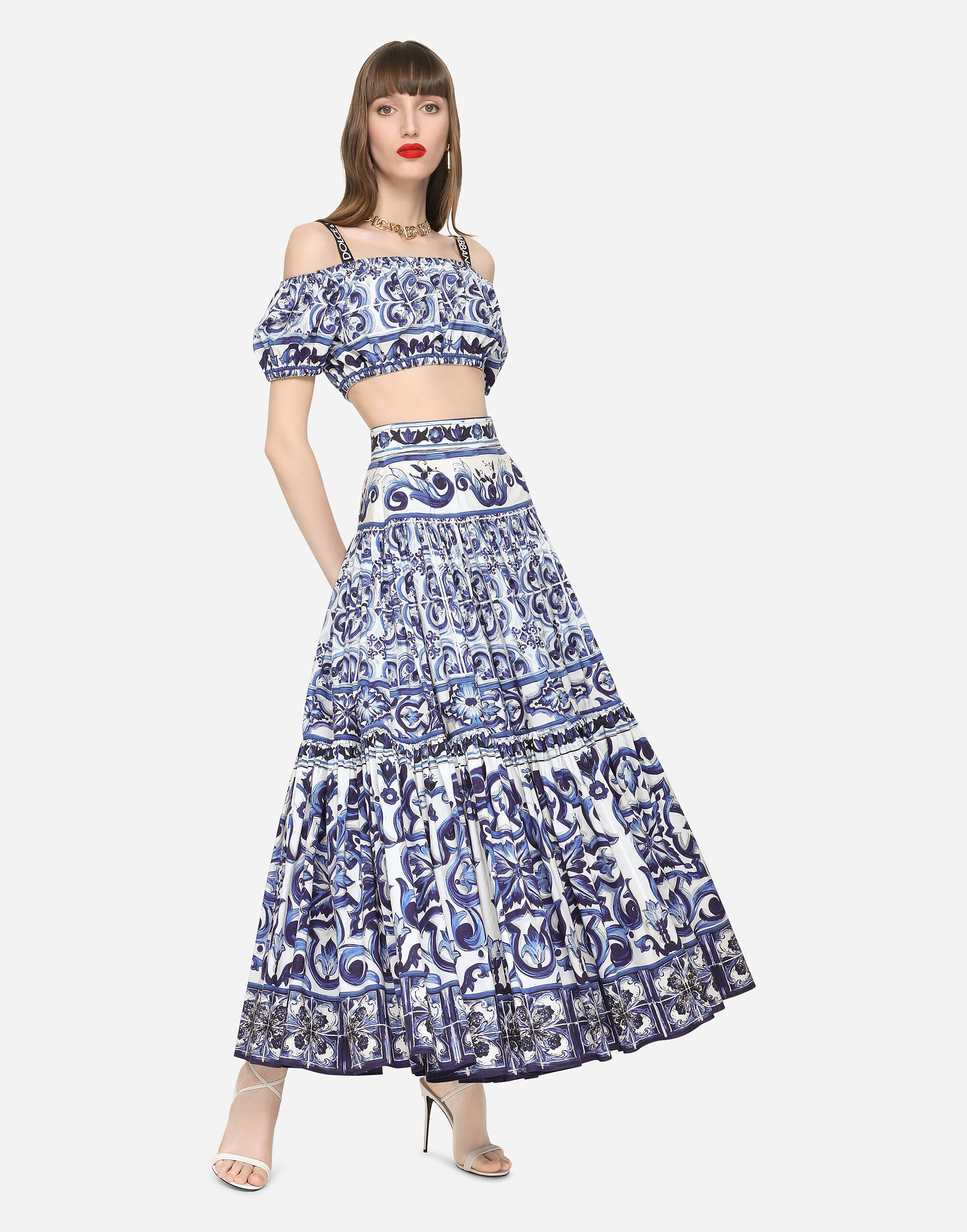 Long majolica-print poplin skirt in Multicolor for | Dolce&Gabbana® US