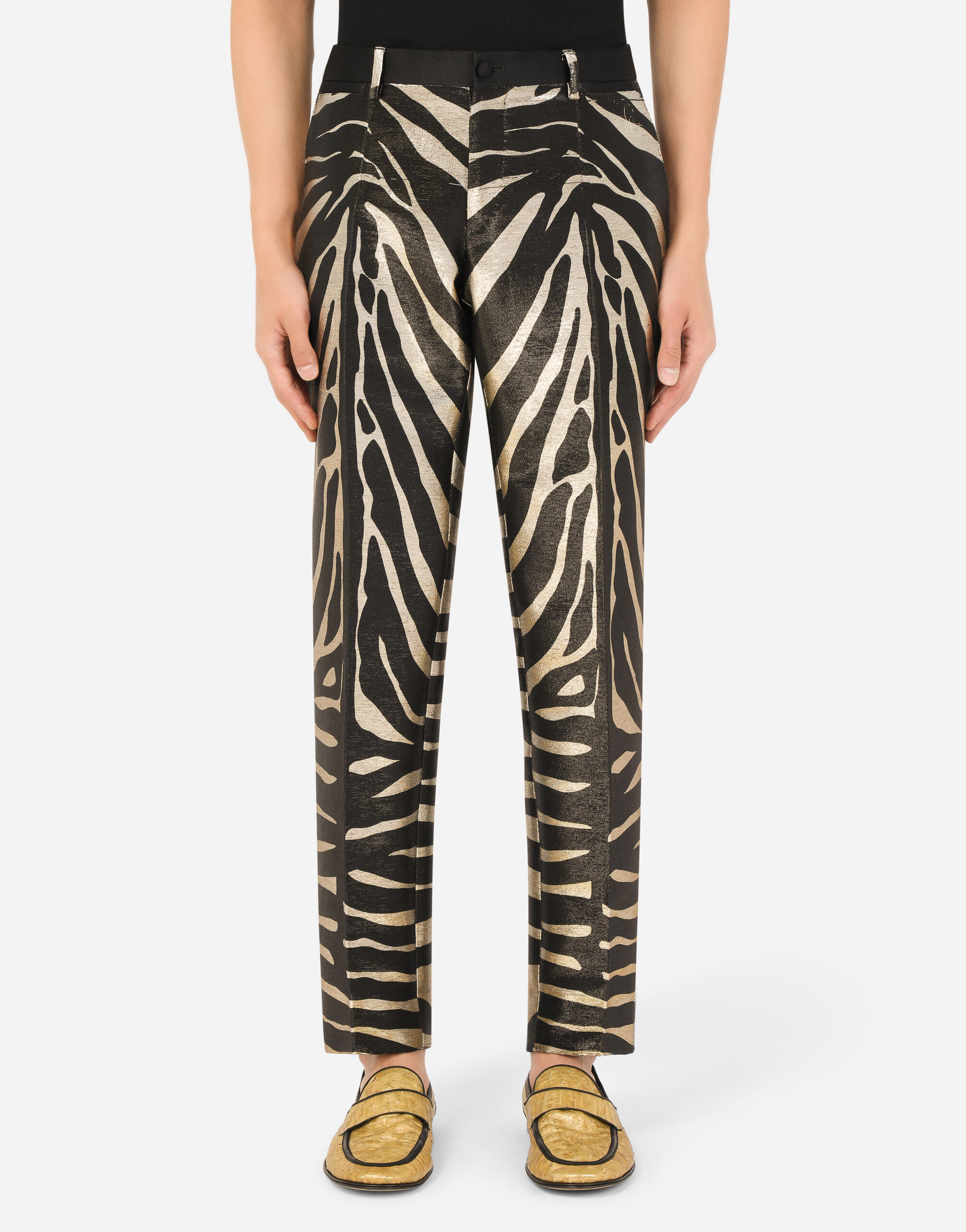 Zebra-print satin lamé pants