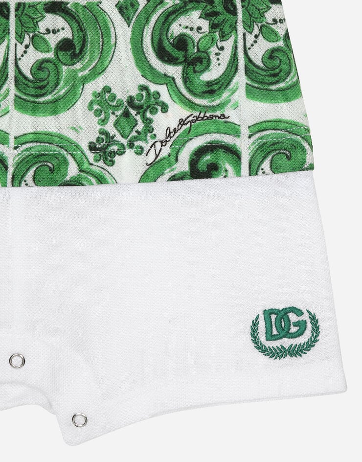 Dolce & Gabbana Strampler aus Piqué mit grünem Majolika-Print und DG-Logo Drucken L1JO7AG7NVD