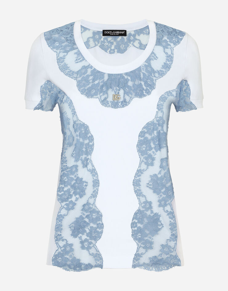 Dolce & Gabbana Camiseta de punto con aplicaciones de encaje y logotipo DG Blanco F8V15ZFUEEY