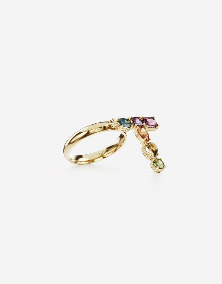 Dolce & Gabbana Rainbow alphabet T ring in yellow gold with multicolor fine gems 金 WRMR1GWMIXT