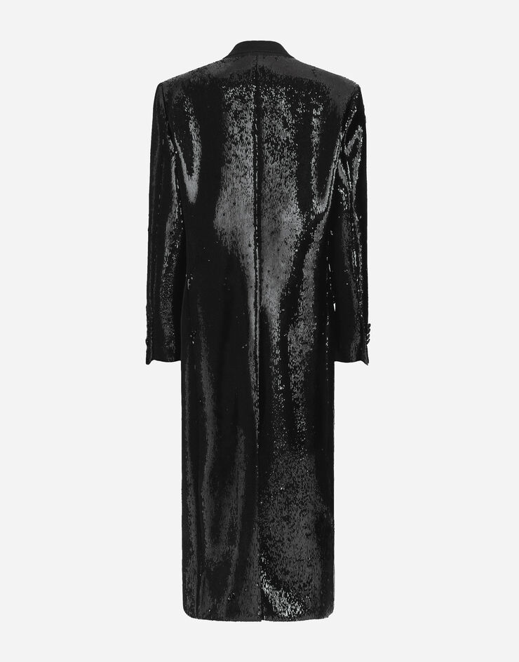 Dolce & Gabbana Zweireihiger Mantel mit Mikropailletten-Stickerei Schwarz F0W1ATFLGAF