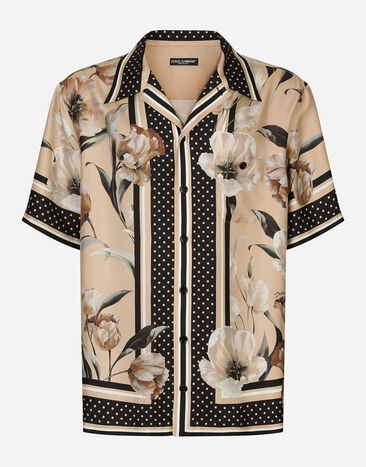 Dolce & Gabbana Silk twill Hawaiian shirt with floral print Brown G2NZ2TFU5SW