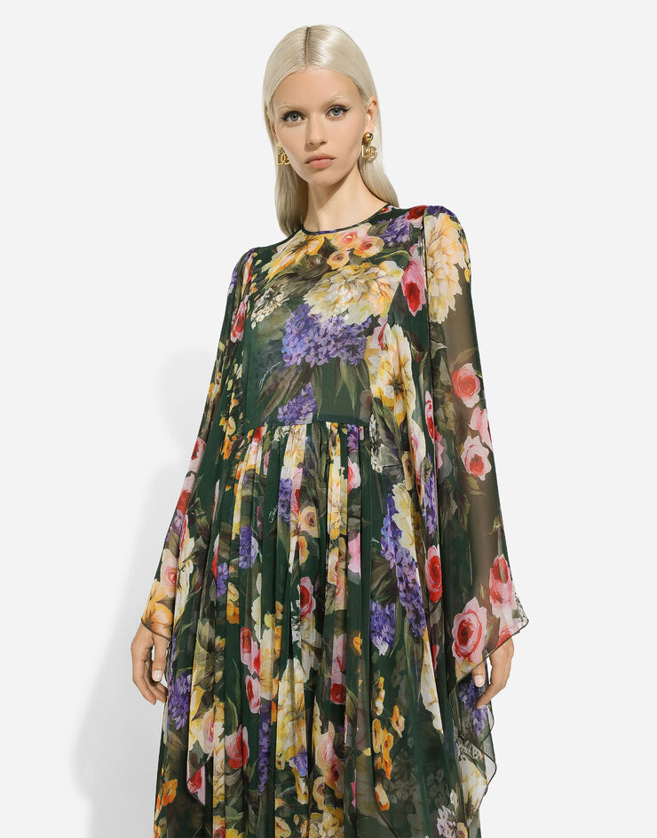 Bell-Sleeve Floral Maxi Chiffon Dress