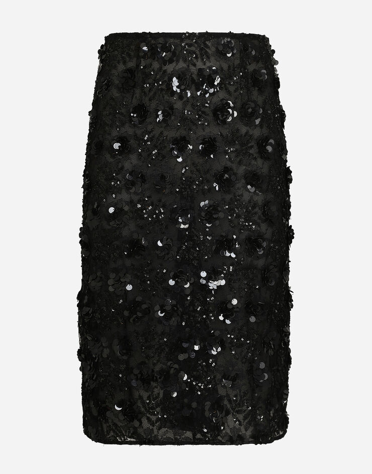 Dolce & Gabbana Lace calf-length skirt with all-over sequins Black F4CW8ZILMA0