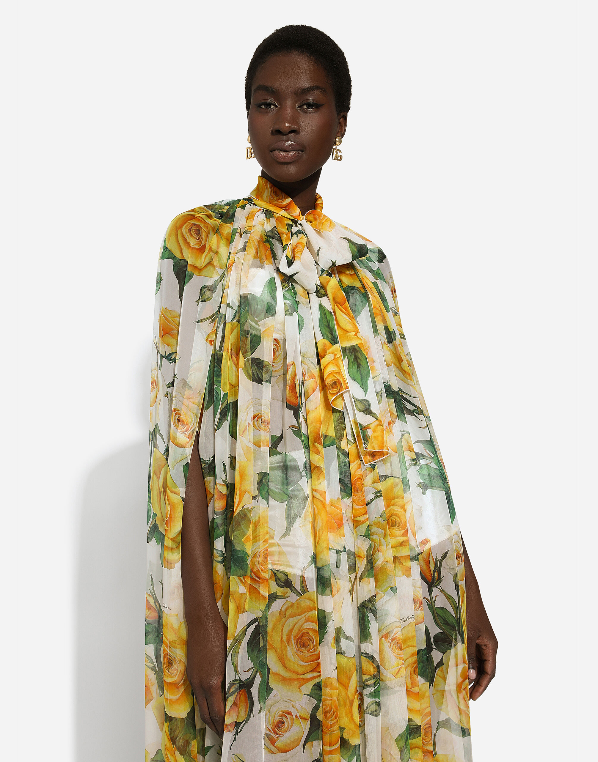 Silk chiffon cape with yellow rose print in Print for Women | Dolceu0026Gabbana®