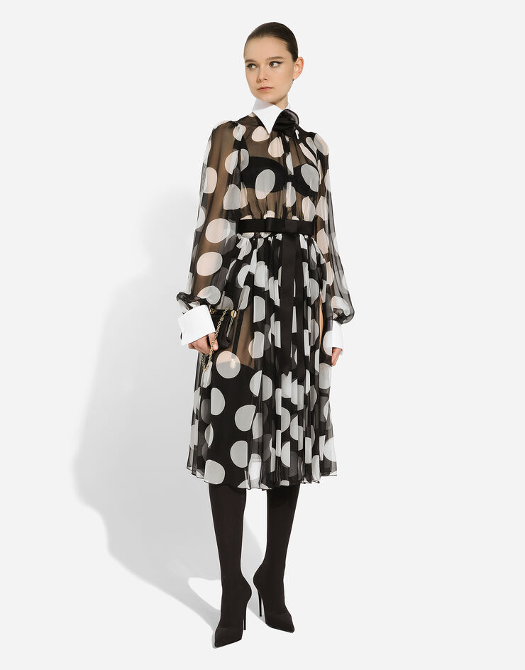 Dolce & Gabbana Longuette-Kleid aus Chiffon Punkteprint mit Details aus Piqué Drucken F6JGHTHS10S