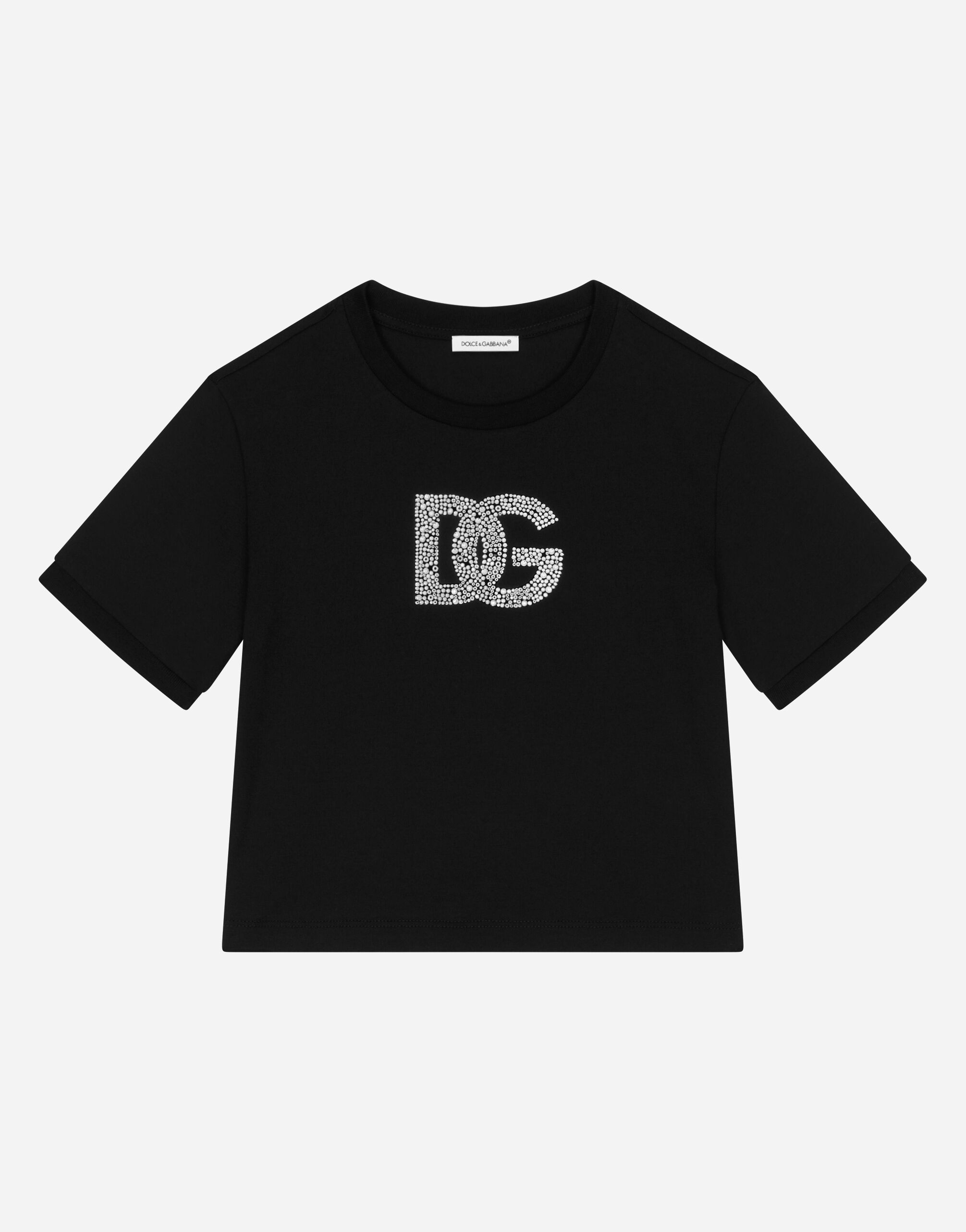 Dolce & Gabbana T-Shirt aus Jersey mit Strasslogo Weiss L5JTOBG7NZL