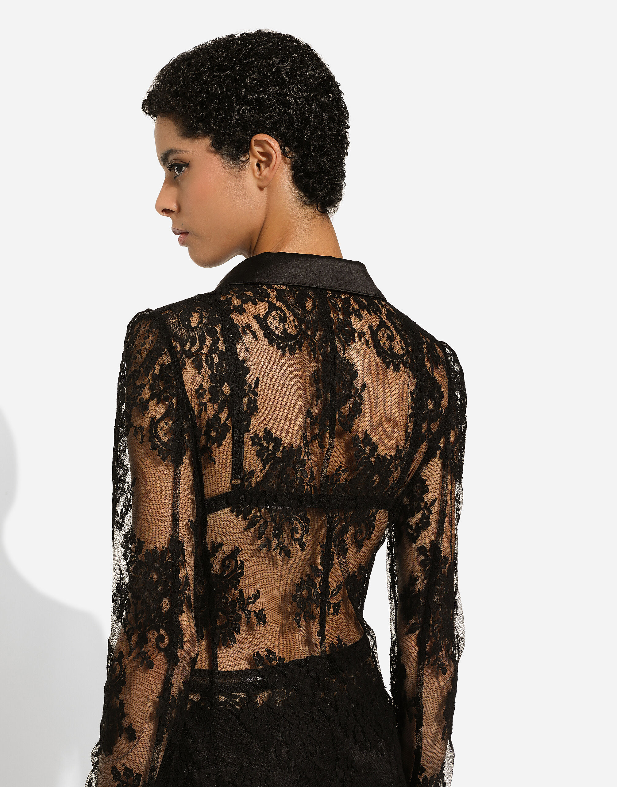 Floral lace jacket with satin details in Black for Women 