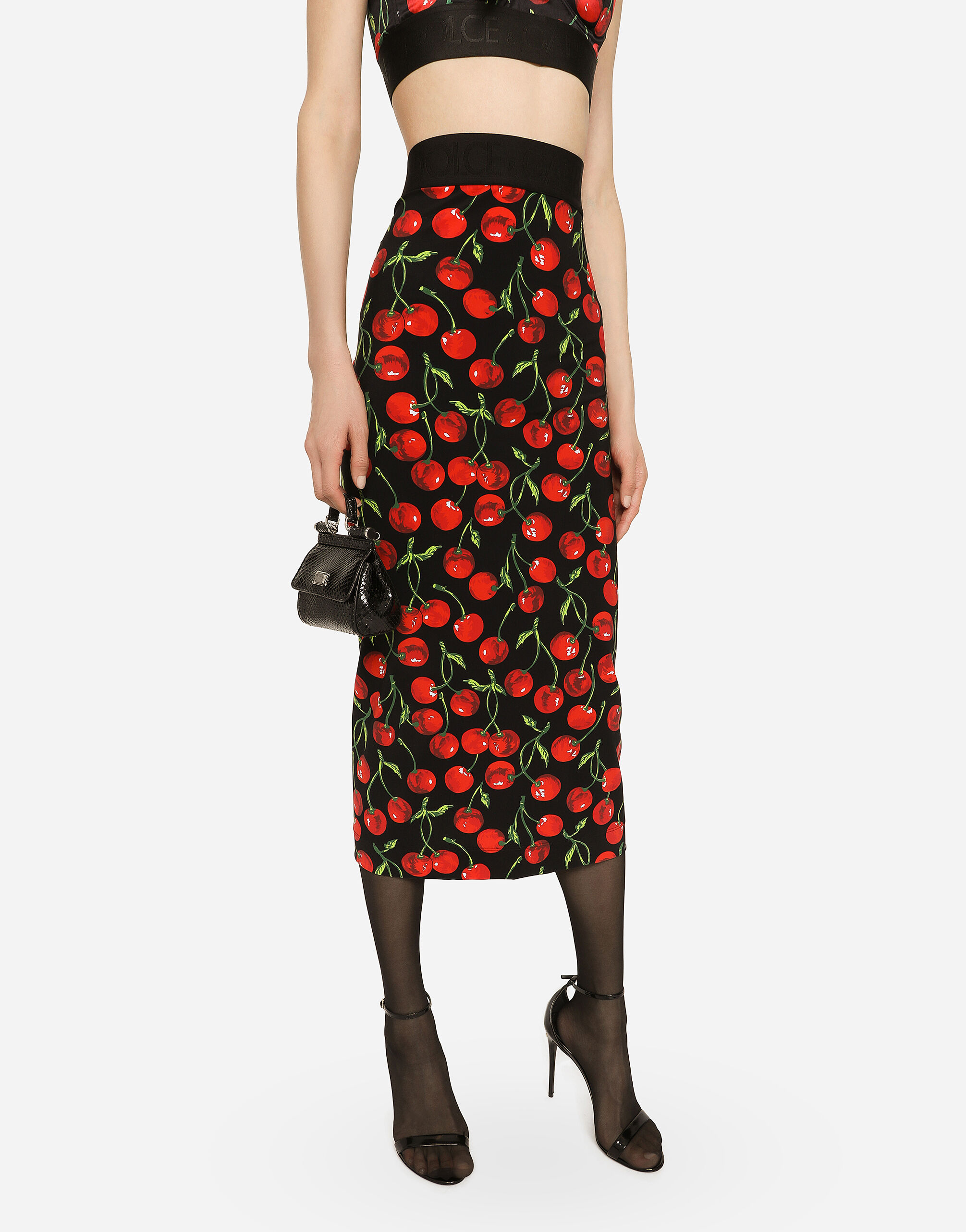 Technical jersey calf-length skirt with elasticated band with logo and  cherry print