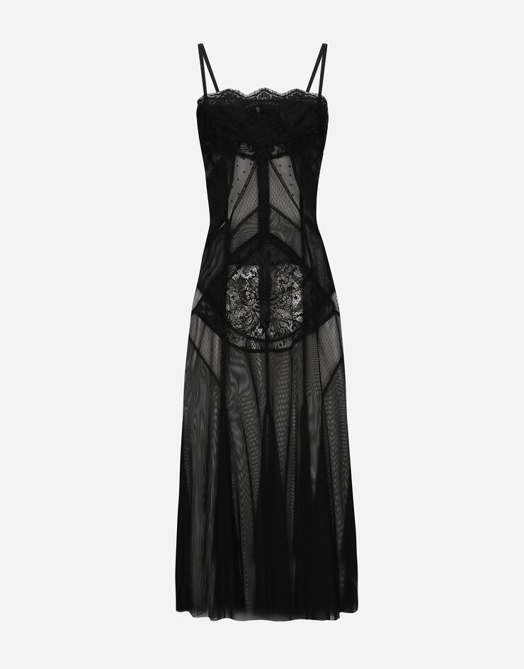 Dolce & Gabbana Longuette-Kleid im Slip-Dress-Stil aus Tüll, Netzgewebe und Spitze Schwarz F6JBVTGDCER