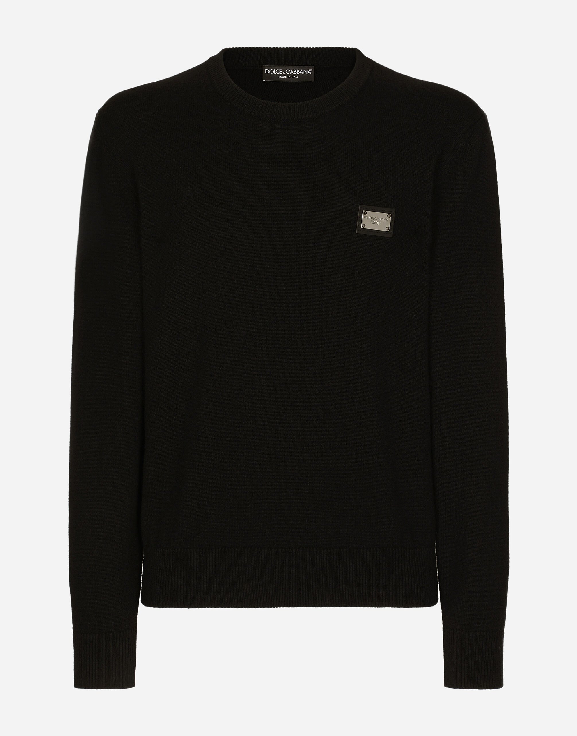 Wool round-neck sweater with branded tag