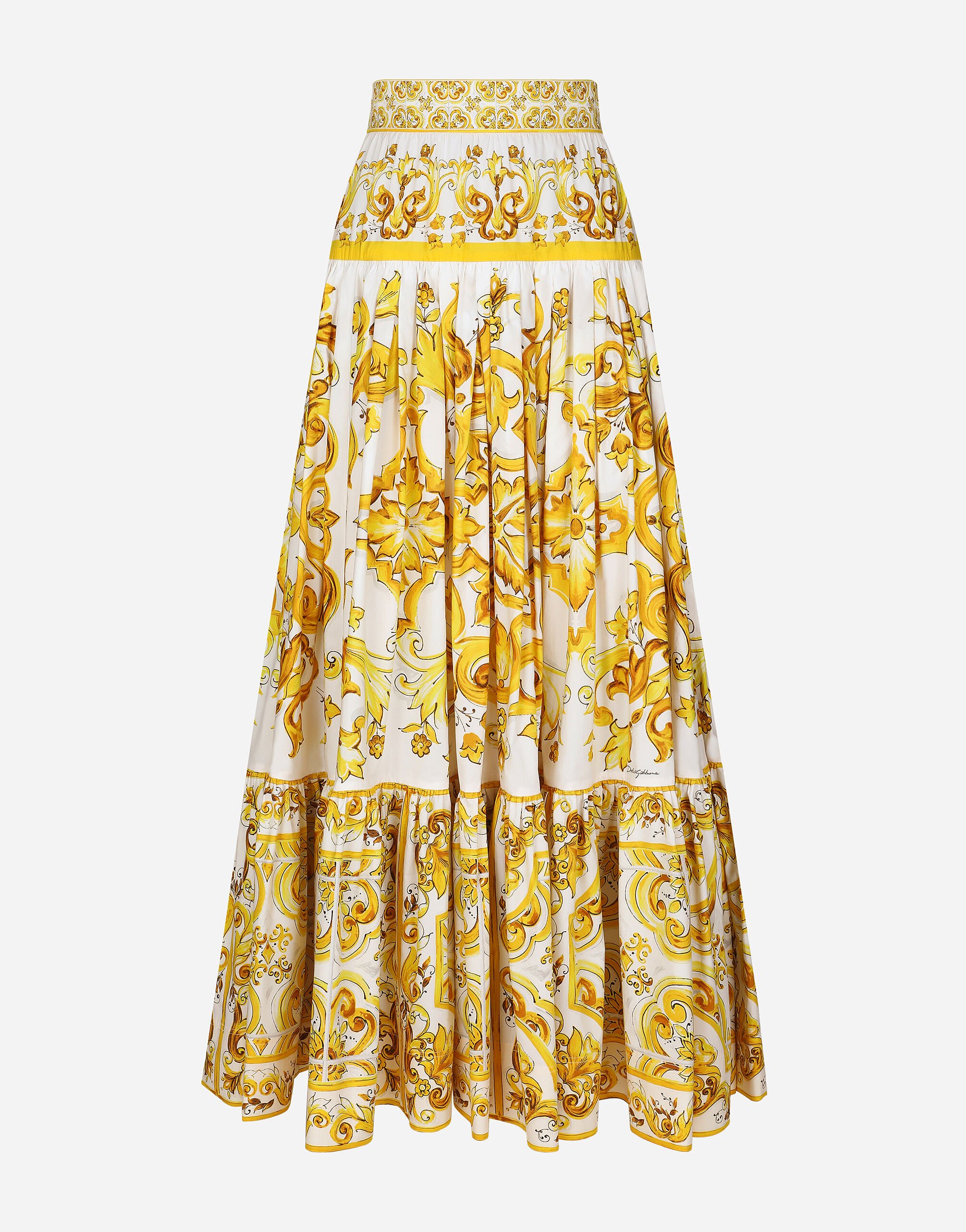 ${brand} Long majolica-print poplin skirt with ruffles ${colorDescription} ${masterID}