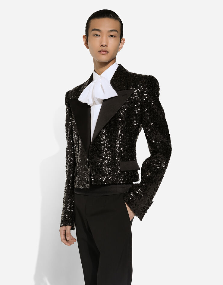 Dolce & Gabbana Short single-breasted jacket with sequin embellishment Black G2UC0TFLSGD