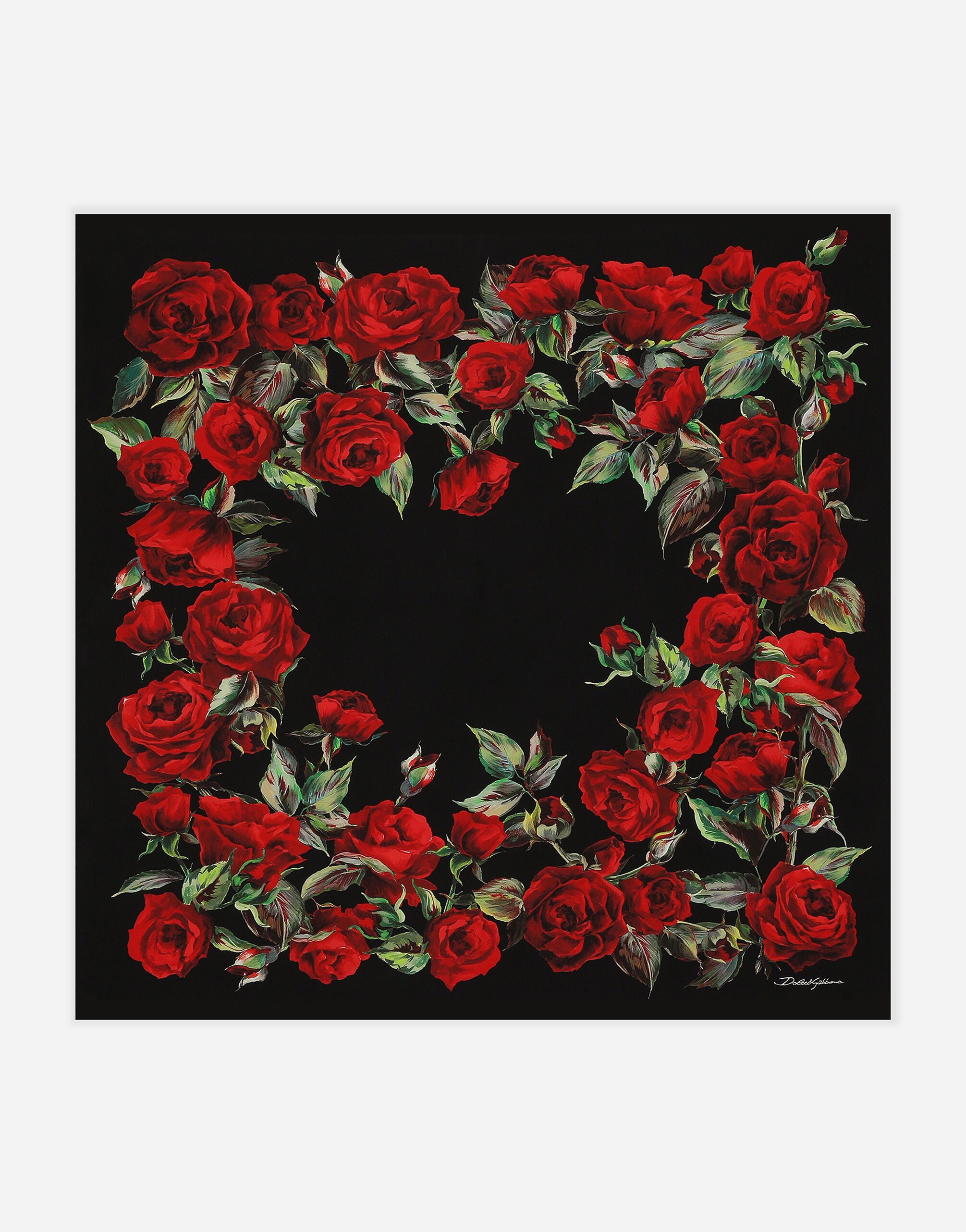 ${brand} Fular 90 x 90 en sarga de seda con estampado de rosas rojas ${colorDescription} ${masterID}