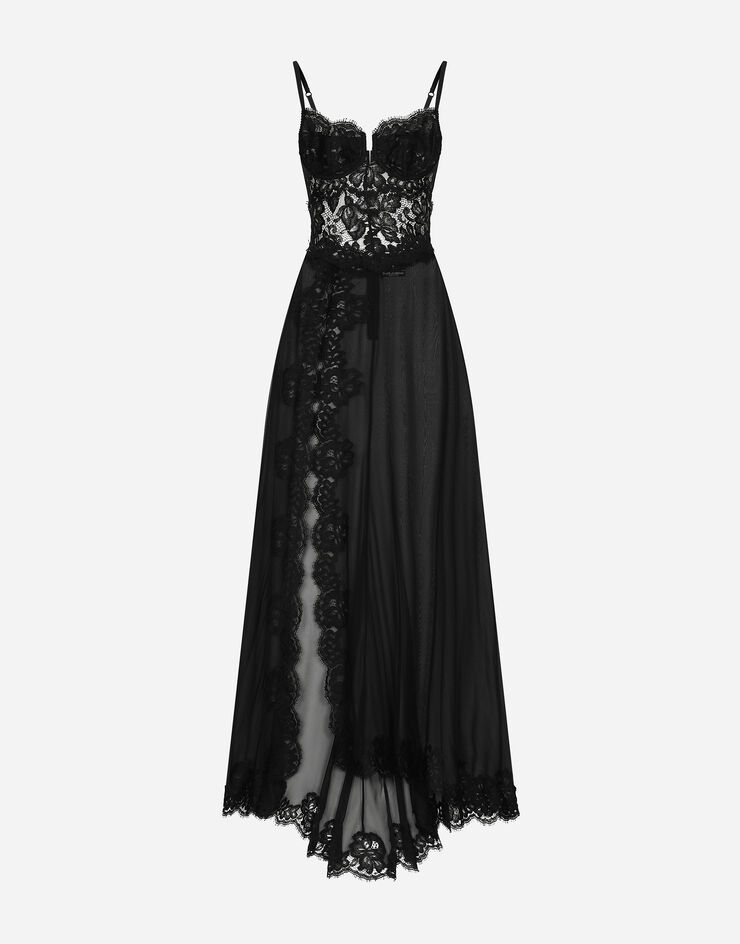 Dolce & Gabbana Robe combinette longue en mousseline de soie et dentelle de Chantilly Noir F6JMETFU1AT