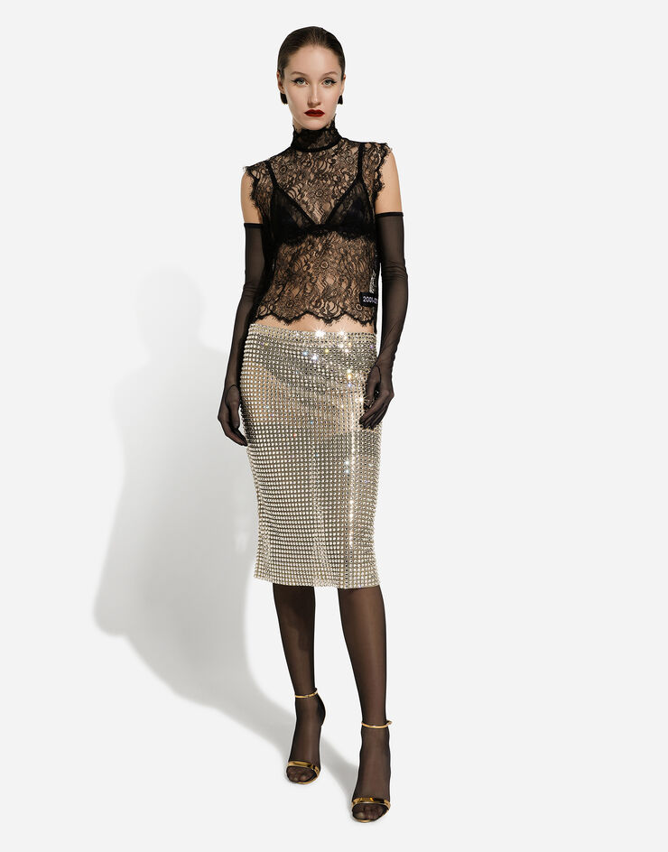 Dolce&Gabbana Tulle calf-length skirt with all-over fusible rhinestone embellishment Crystal F4CRSZGDB2D