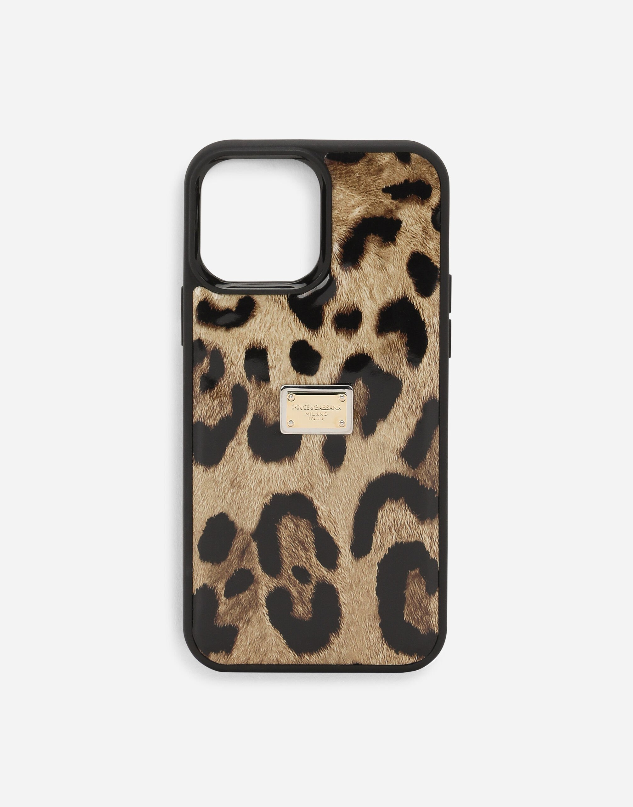 Dolce & Gabbana Cover für iPhone 14 Pro Max aus glänzendem Kalbsleder mit Leopardenmuster-Aufdruck Gold BB7287AY828