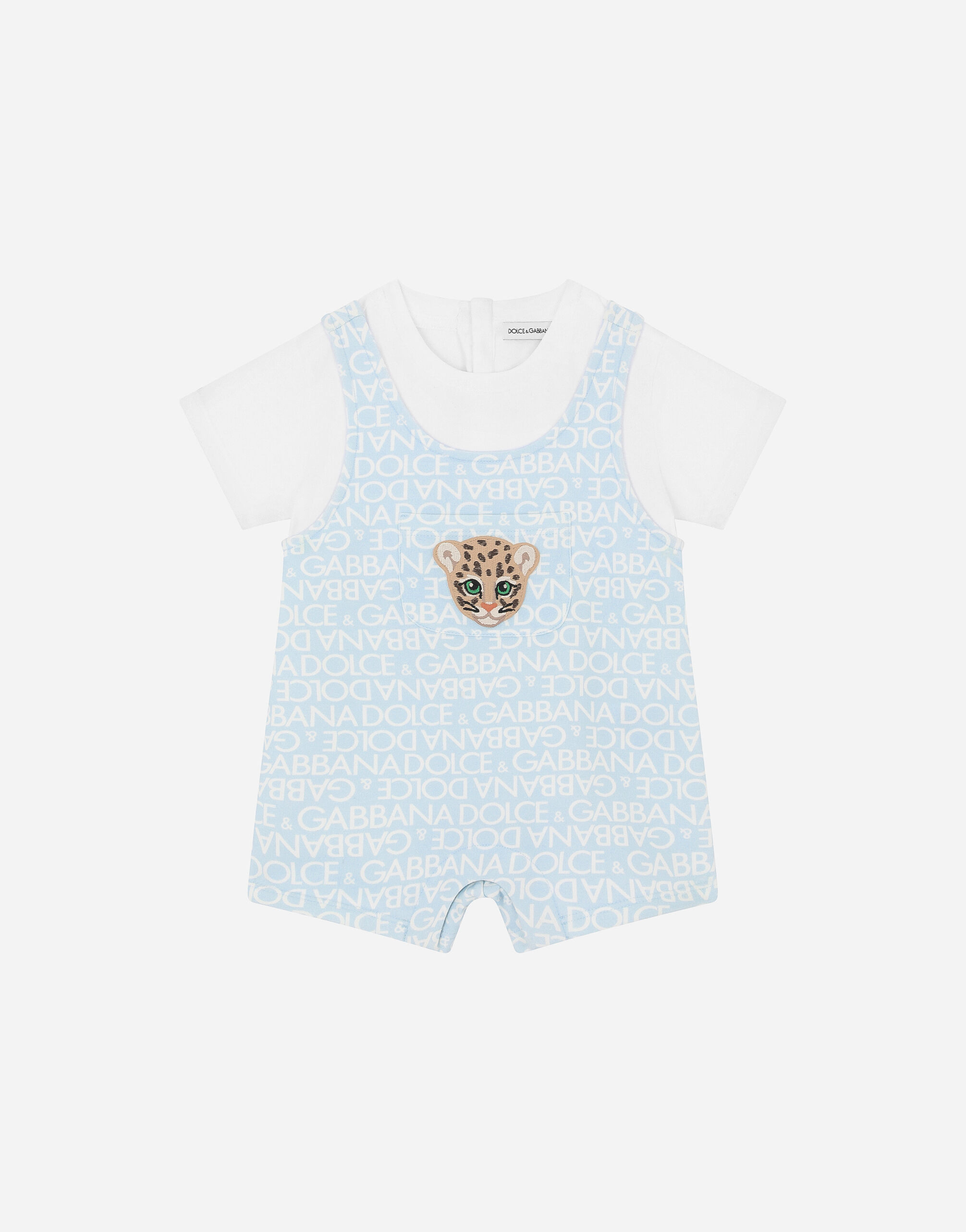 Dolce & Gabbana Short-sleeved jersey romper suit with all-over logo print and patch Print L1JO7AG7NVD