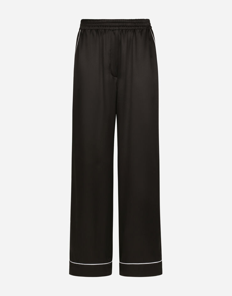 Silk pajama pants with contrasting piping in Black for Women