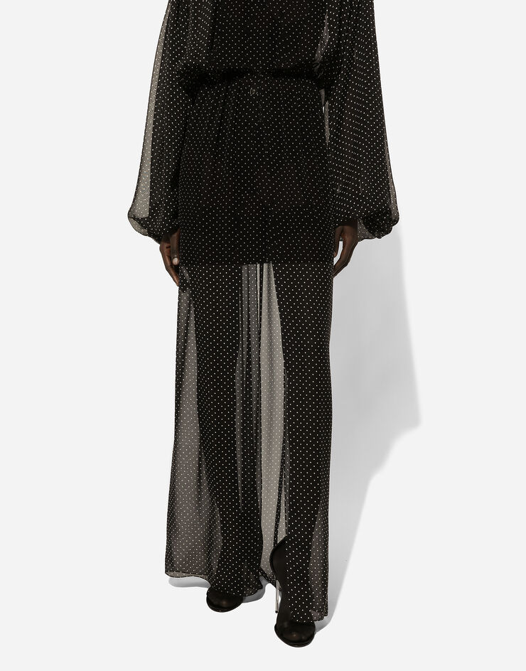 Dolce & Gabbana Vestido largo en chifón de seda con estampado de lunares con lazada y flor en el cuello Imprima F6JGYTIS1S1