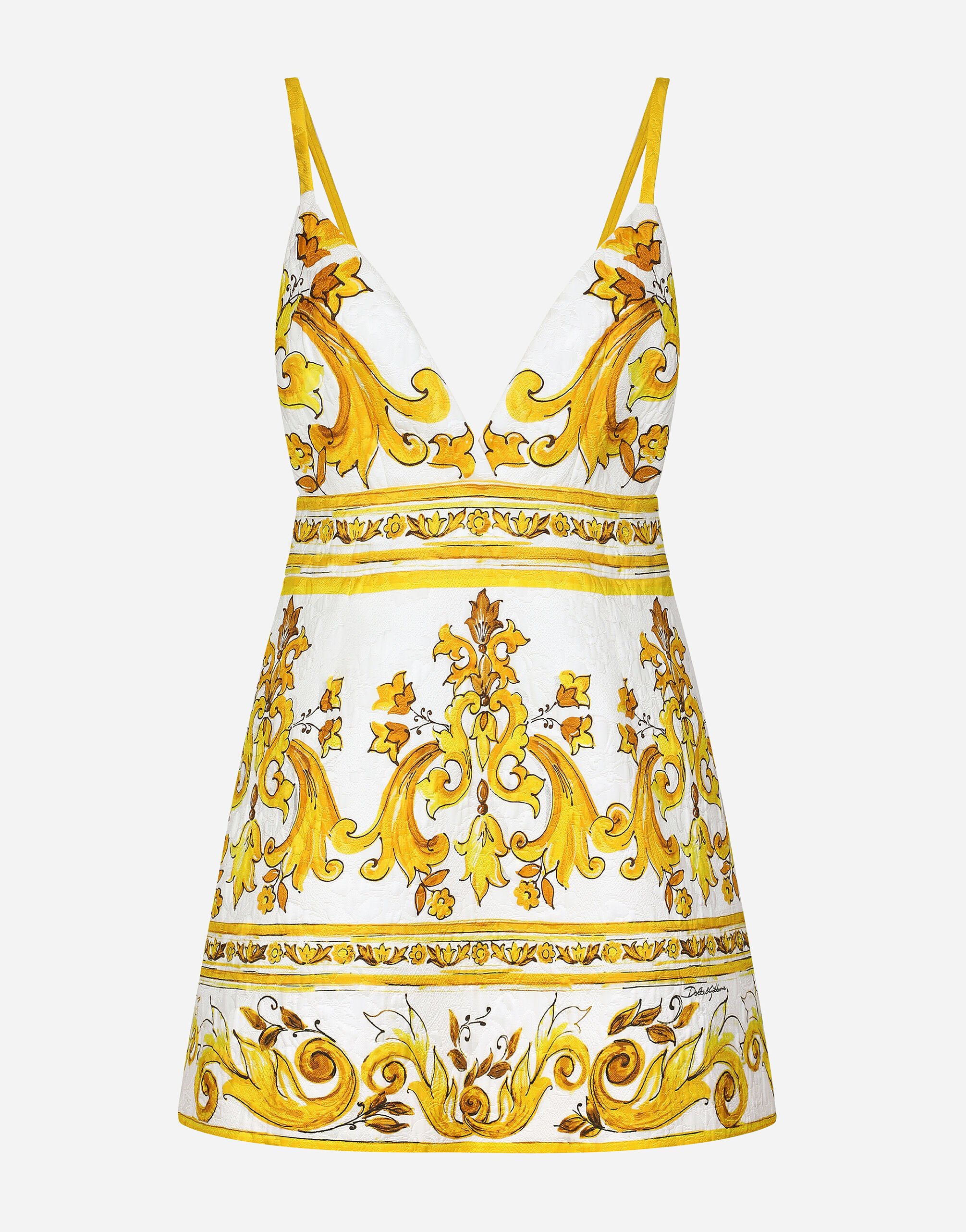 ${brand} Short majolica-print brocade dress with straps ${colorDescription} ${masterID}