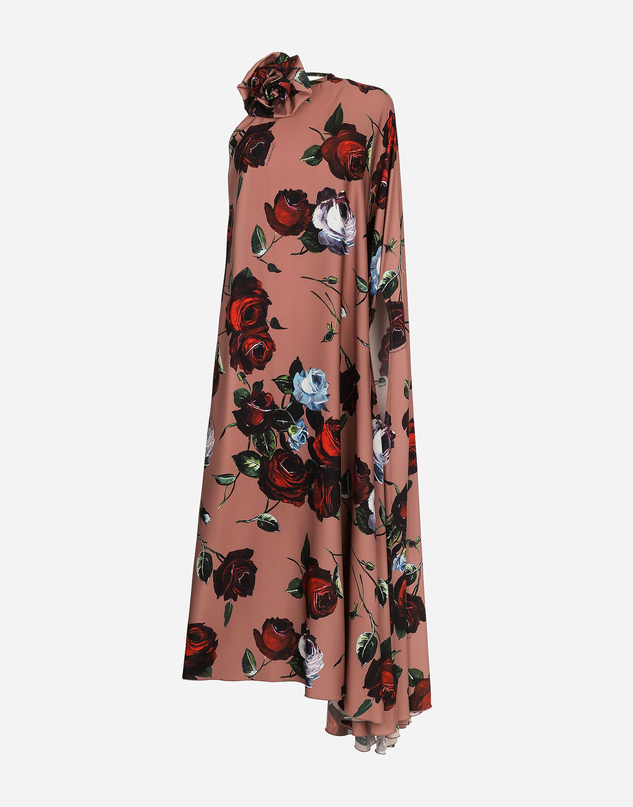 ${brand} Asymmetrical charmeuse dress with vintage rose print ${colorDescription} ${masterID}