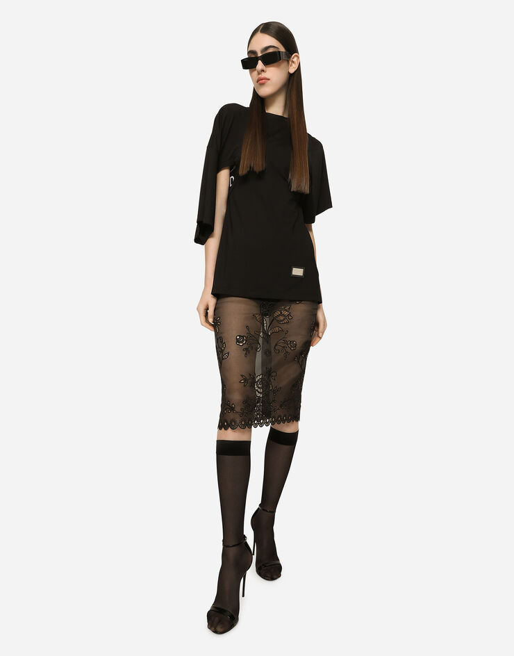 Dolce&Gabbana Crinoline calf-length skirt with inlay embellishment Black F4B0KZG7XTY
