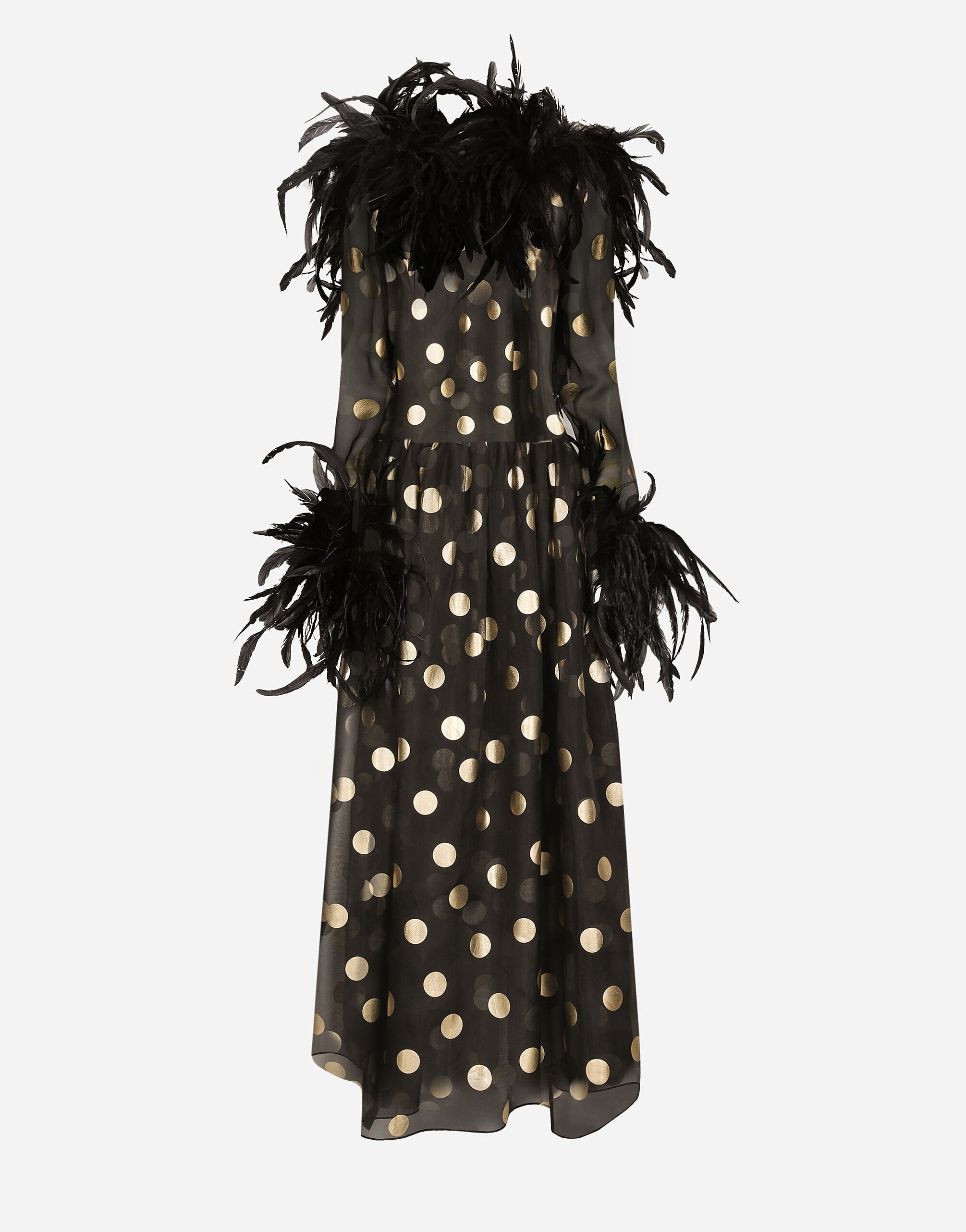 ${brand} Long polka-dot silk organza dress with feathered details ${colorDescription} ${masterID}