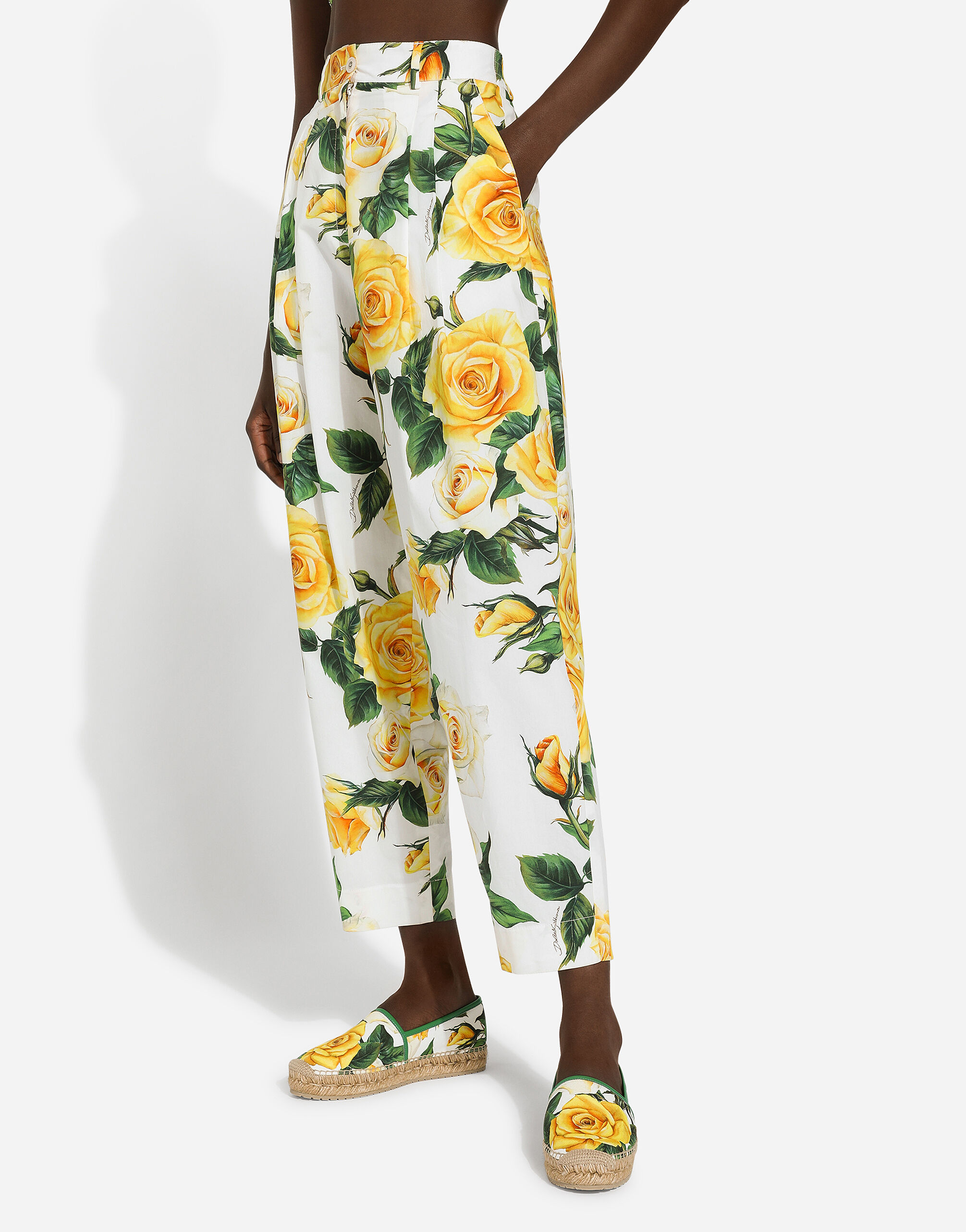 High-waisted cotton pants with yellow rose print