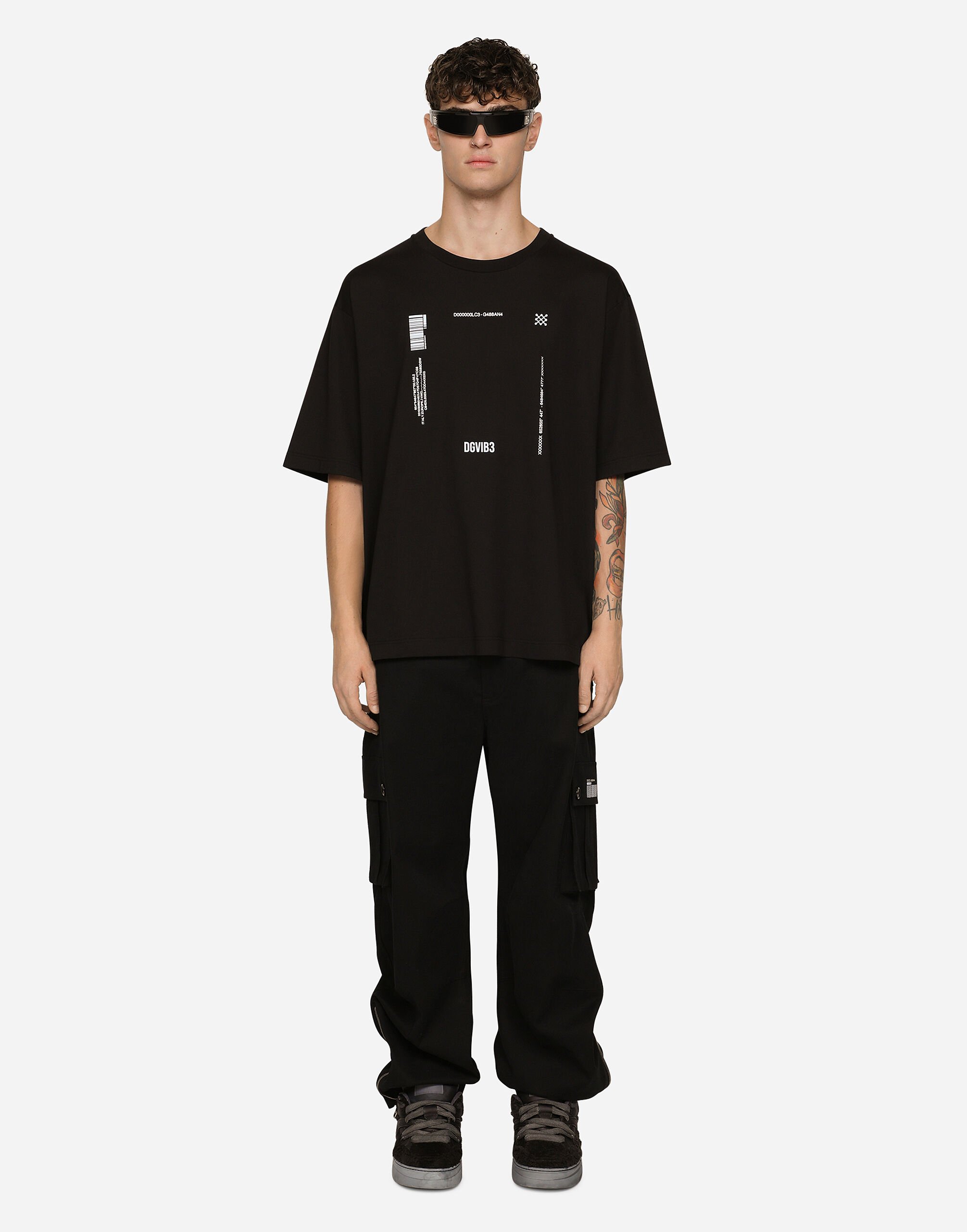 Dolce & Gabbana Camiseta en punto de algodón con estampado DGVIB3 y logotipo Negro G5JY2TGH401