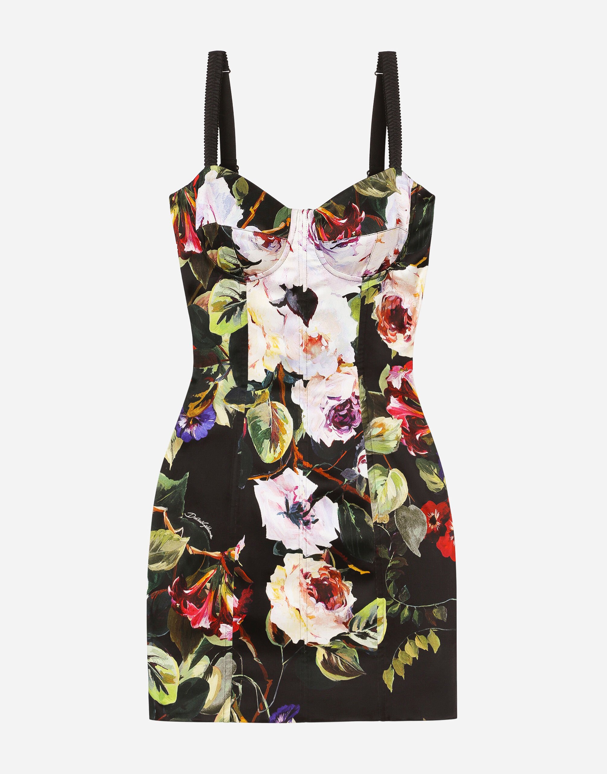 ${brand} Short satin corset dress with rose garden print ${colorDescription} ${masterID}