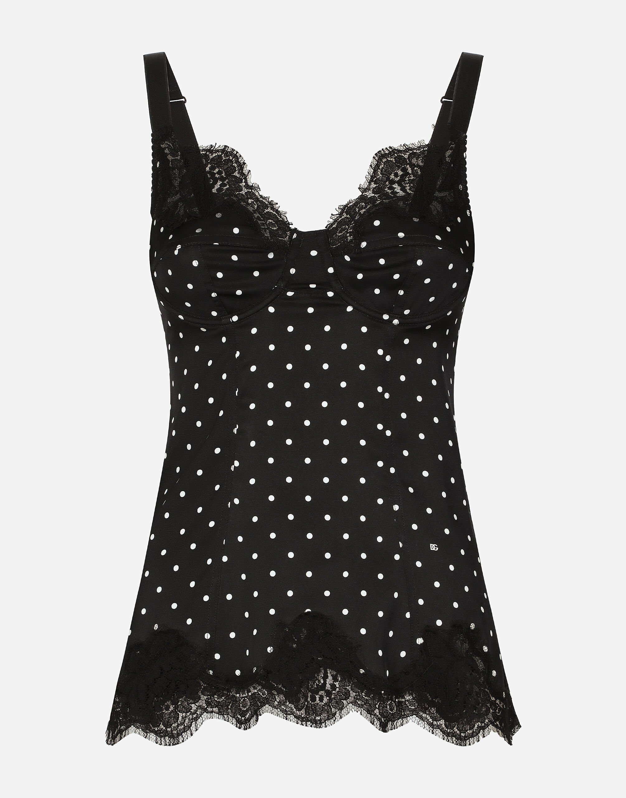 Dolce & Gabbana Silk lingerie-style top with polka-dot print and lace detailing White O1F45TONP15