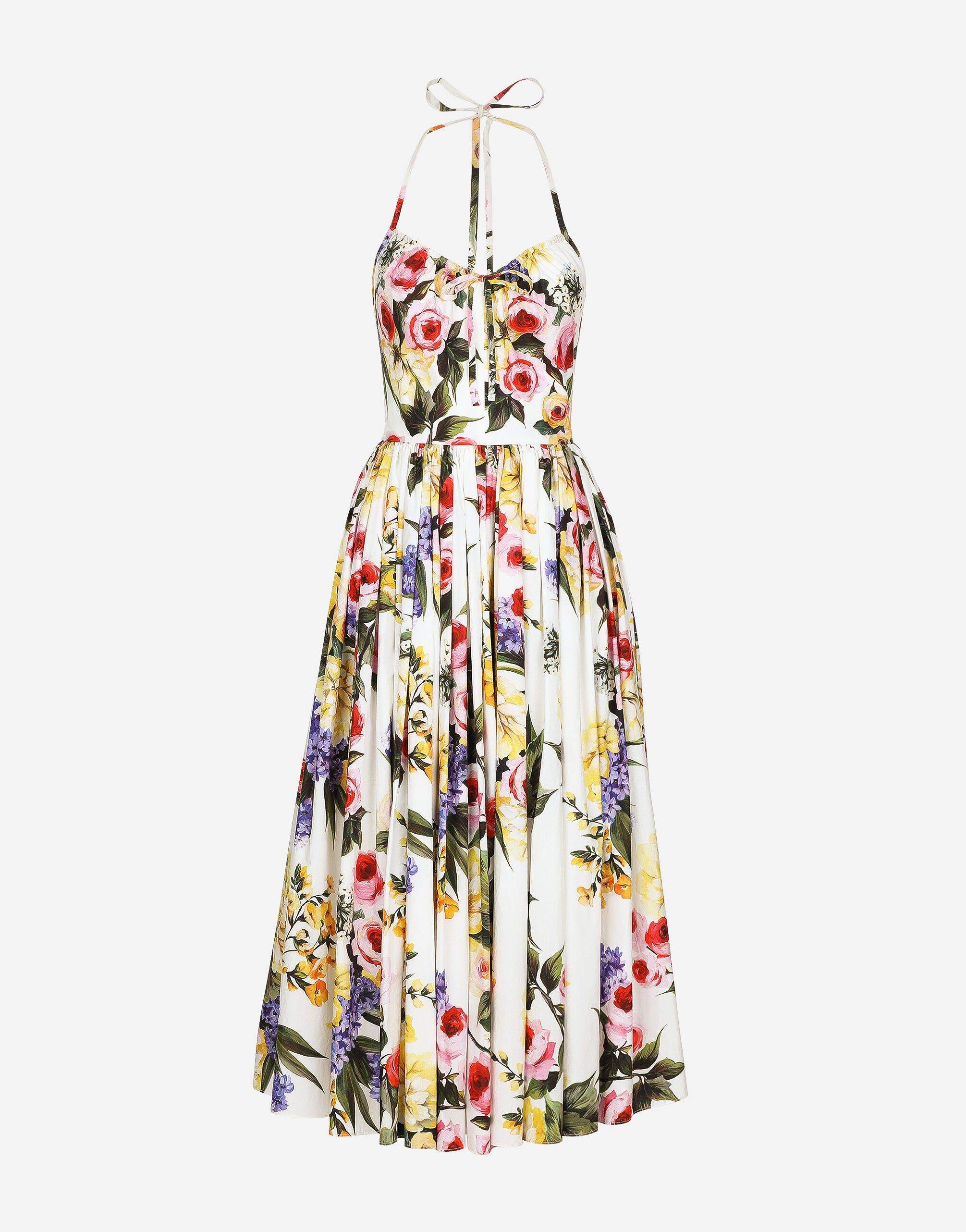 Dolce & Gabbana Calf-length cotton dress with garden print Azure GW0MATFU4LG