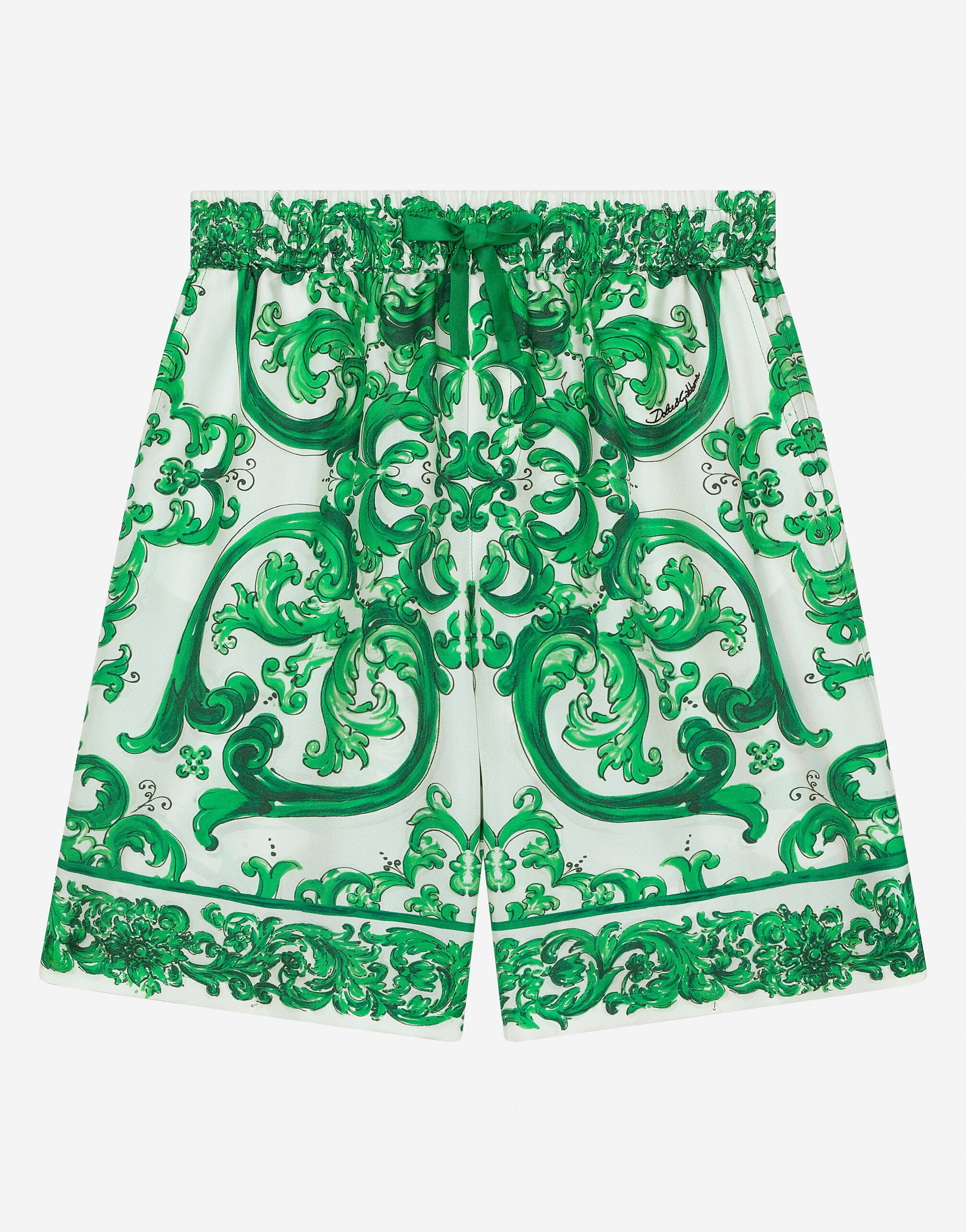 Dolce & Gabbana شورت تويل بطبعة ماجوليكا خضراء مطبعة L44S10FI5JO