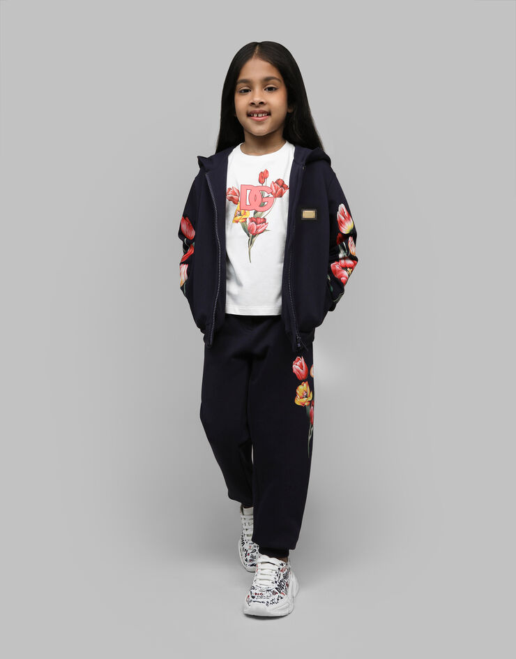 Dolce & Gabbana Kapuzensweatshirt aus Jersey mit Tulpen und Logoplakette Blau L5JWAUG7NNZ