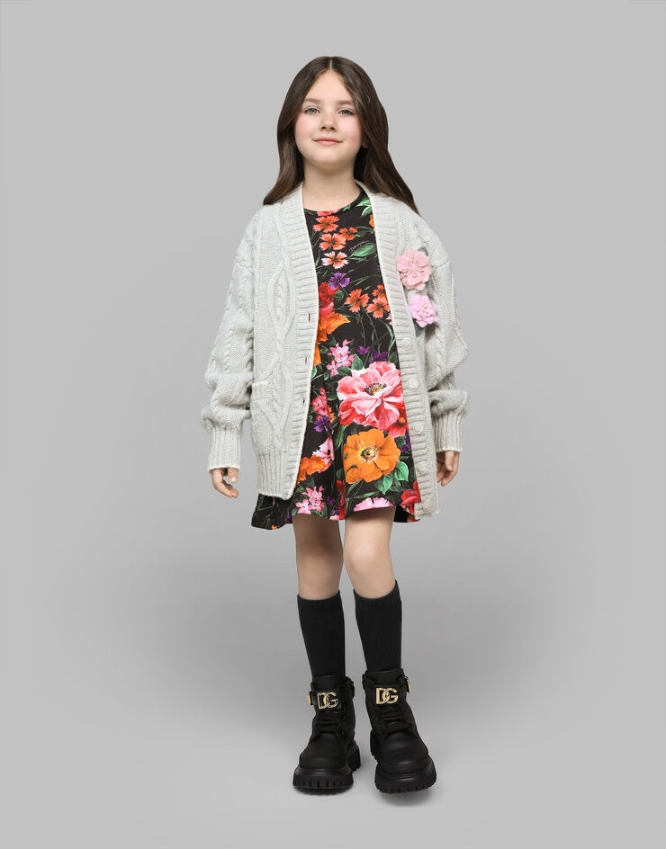 Dolce & Gabbana Cable-knit cardigan with DG logo and floral detailing Multicolor L5KWH3JFMJA