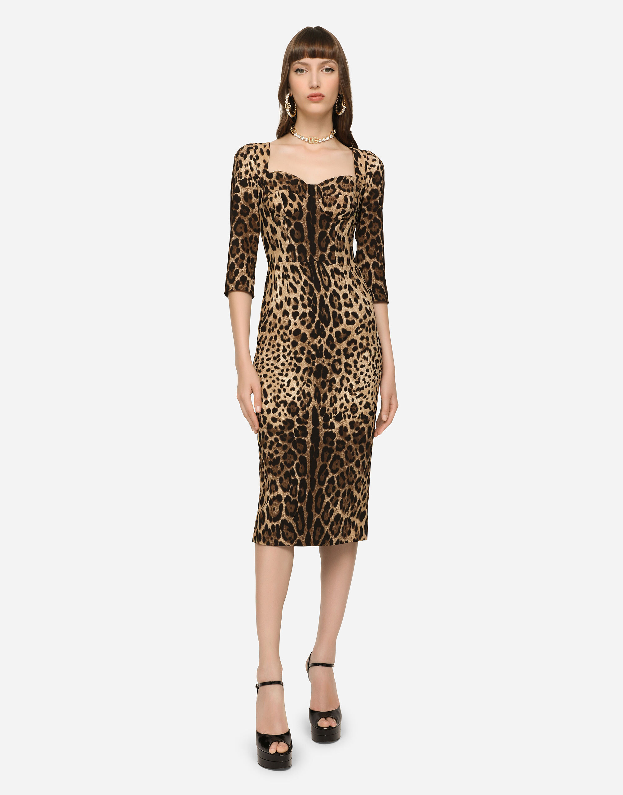 Leopard-print calf-length cady dress in Multicolor for 