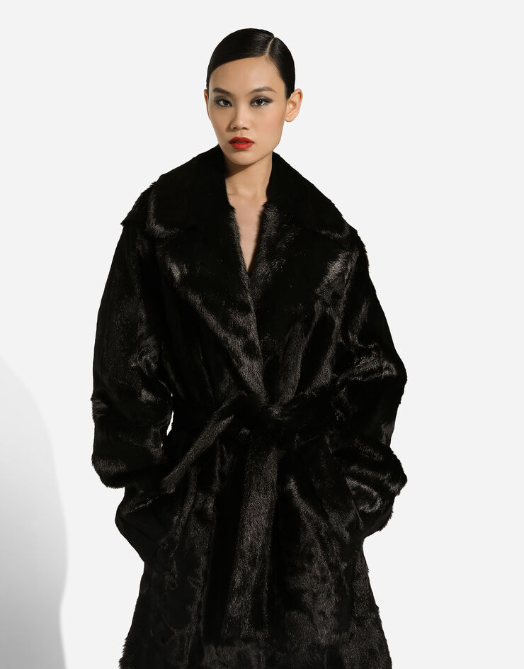 Dolce & Gabbana Goatskin coat with belt Black F0G1HFFUP9E