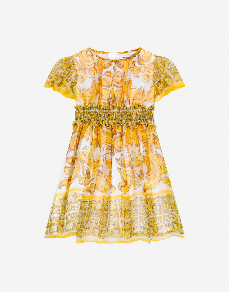 Dolce & Gabbana Kleid aus Chiffon mit gelbem Majolika-Print Drucken L23DY0HI1UF