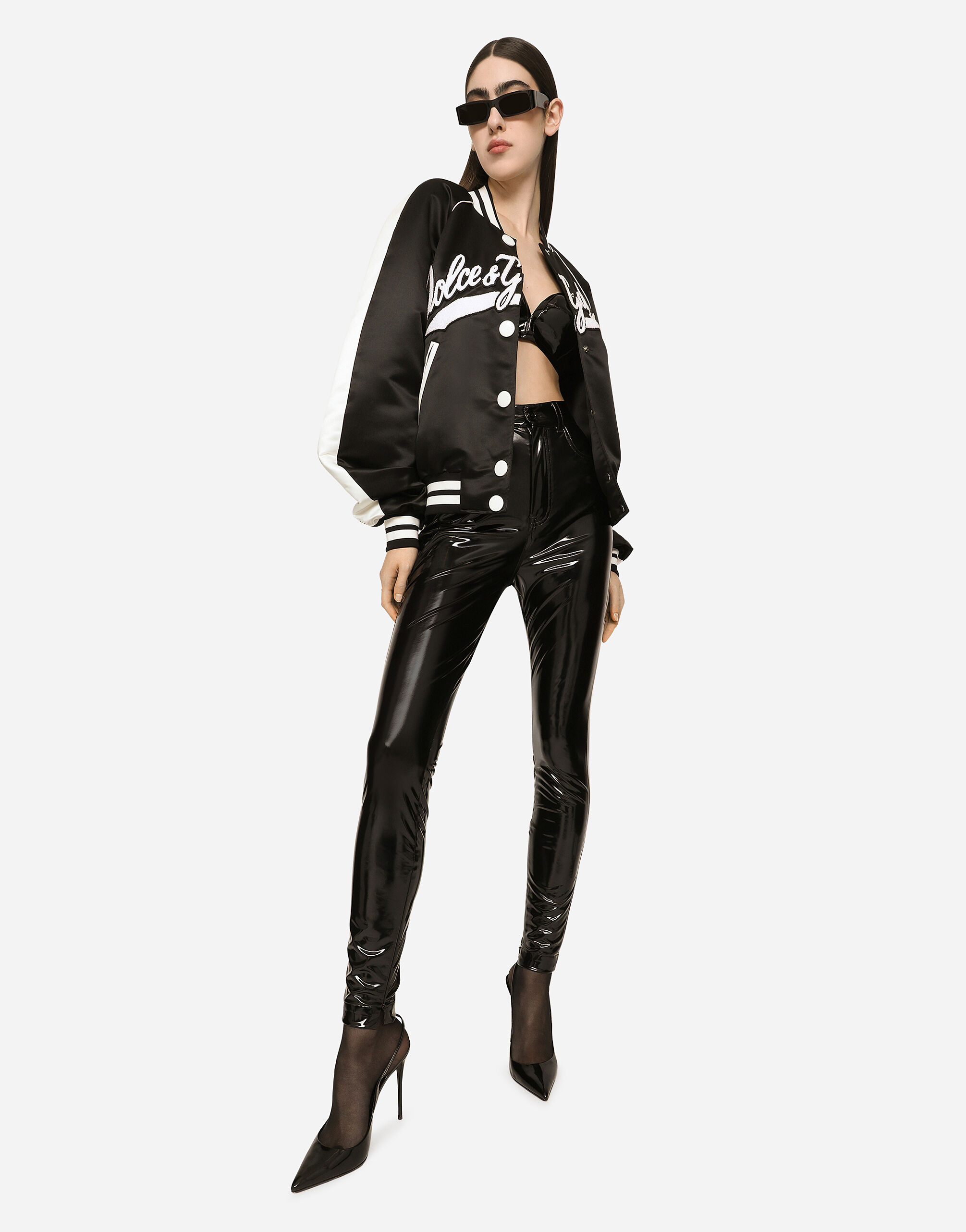 Dolce&Gabbana Satin varsity bomber jacket with Dolce&Gabbana embroidery  female Black