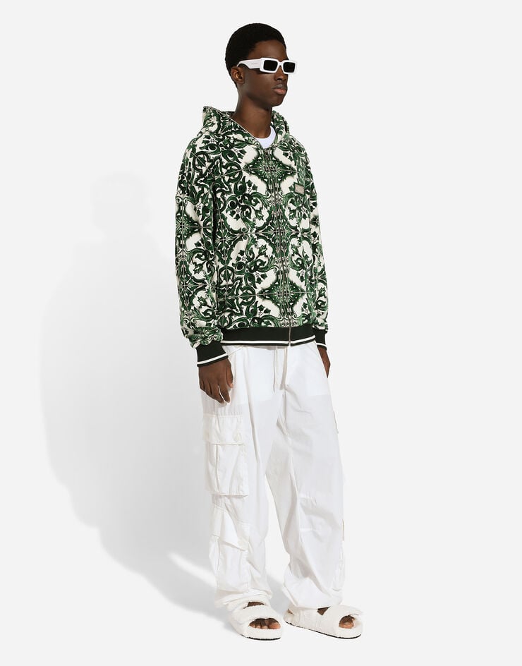 Dolce & Gabbana Sweat-shirt à capuche, fermeture zippée et imprimé majoliques Imprimé G9AYCTHJMP9