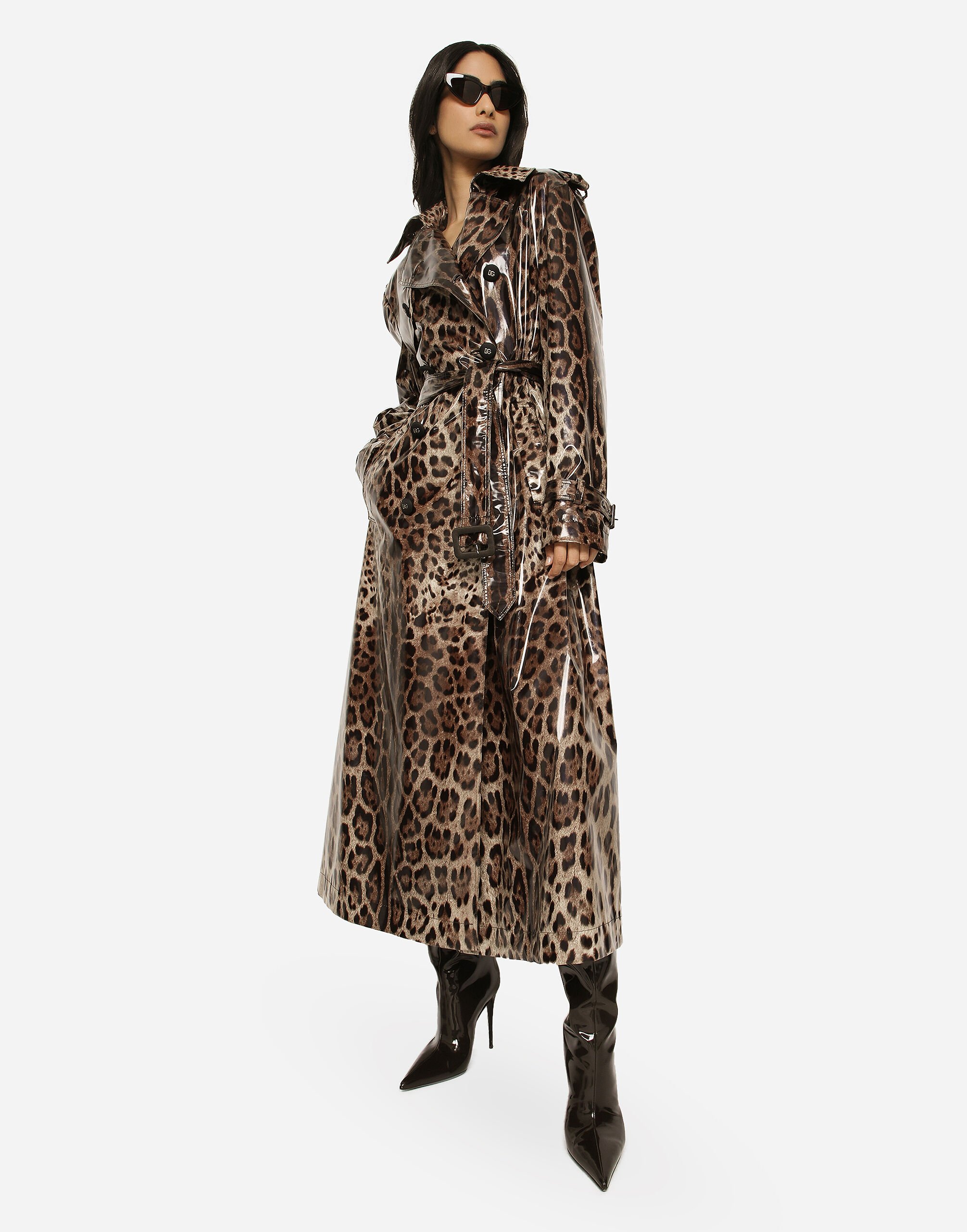 Leopard-print coated sateen trench coat