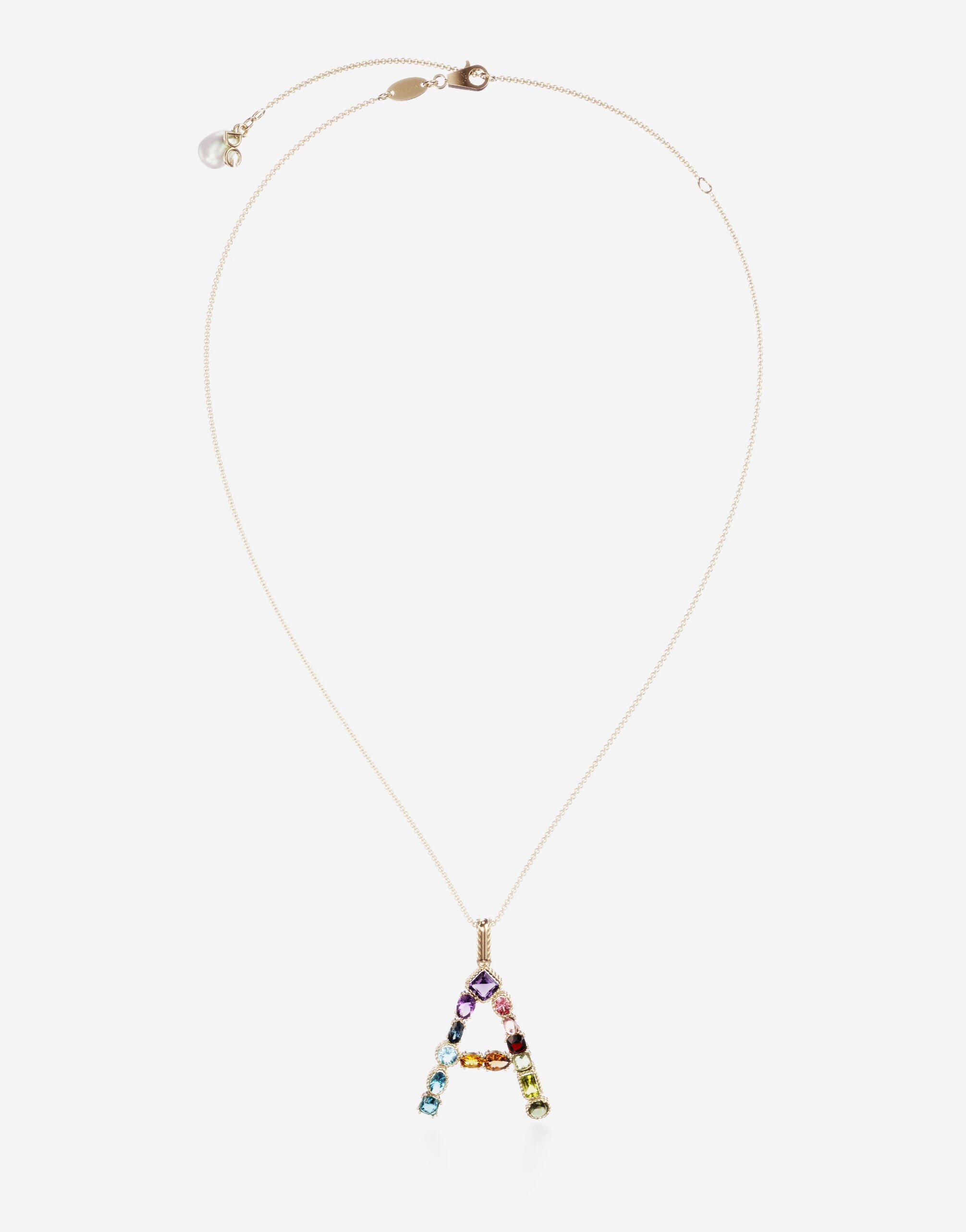${brand} Rainbow alphabet A pendant in yellow gold with multicolor fine gems ${colorDescription} ${masterID}