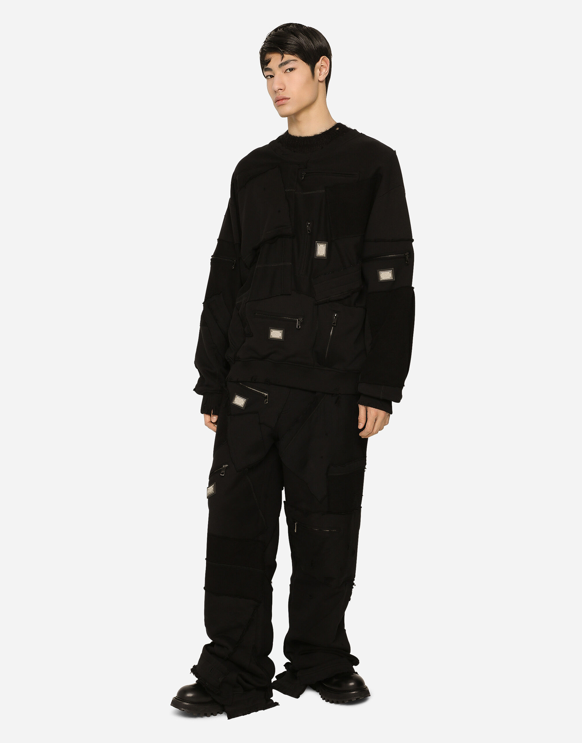 ブラックのメンズ Patchwork jersey jogging pants with logo tag ...