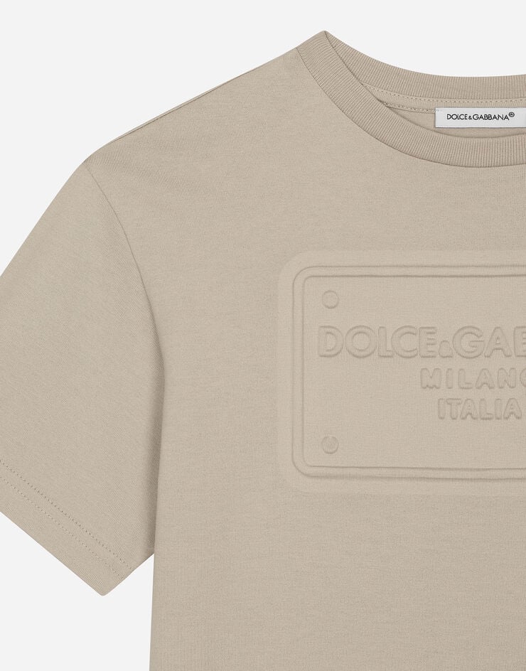 Dolce & Gabbana T-shirt in jersey con placca logata Beige L4JTHVG7NPT